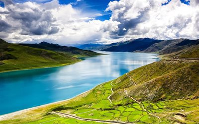 YamdrokTso स्वर्ग झील, पहाड़ों, तिब्बत, गर्मी, पहाड़ की सड़कों