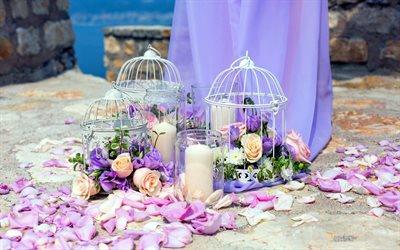Düğün dekorasyon, gül, gül buketleri, mor güller, Romantik
