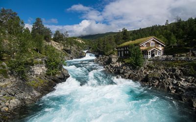 mountain river, summer, stones, mountains, forest, Billingen, Norway