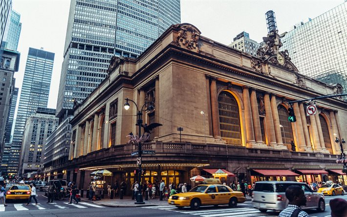 Grand Central Terminal, New York, yellow cabs, skyscrapers, fog, USA
