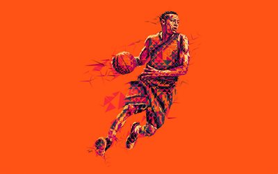 बास्केटबॉल खिलाड़ी, नारंगी रंग की पृष्ठभूमि, बास्केटबॉल, कला