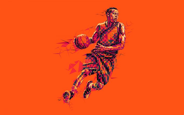 basketball player, orange background, basketball, art