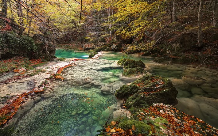 Spain, forest, autumn, river, waterfall