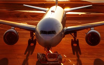 airport, Airbus, passenger plane, airliner, sunset