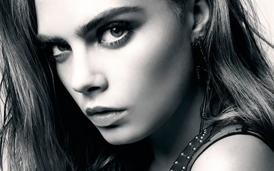 black-and-white photo, Cara Delevingne, blonde, actress, model