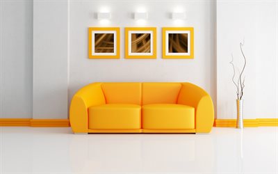 design de interiores, sofá laranja, moldura, paredes brancas