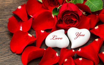 Il Giorno di san valentino, petali di rosa, amore, due cuori, 14 febbraio