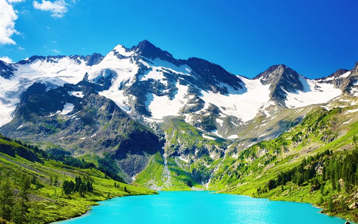 blue lake, mountains, rock, summer