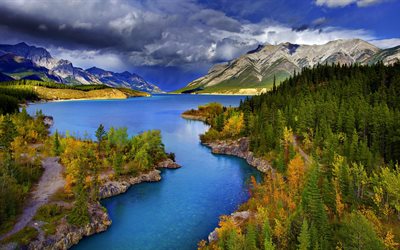 montañas, gran lago, otoño