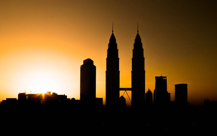कुआलालंपुर, मलेशिया के पेट्रोनास ट्विन टावर्स, सूर्यास्त, इमारतों पेट्रोनास, फोटो के शहरों