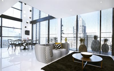 modern design, interiören av lägenheterna, takvåning