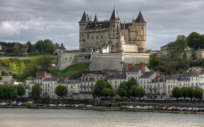 monumentos de francia, el castillo de saumur, la fortaleza, francia, antiguos castillos, el río loira
