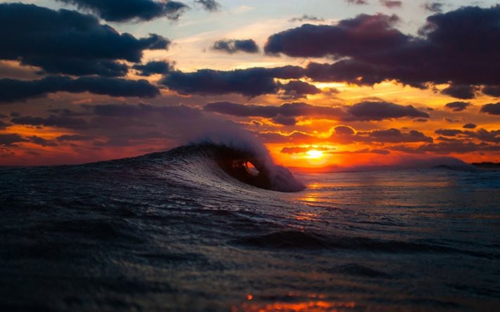 big wave, puesta de sol, mar
