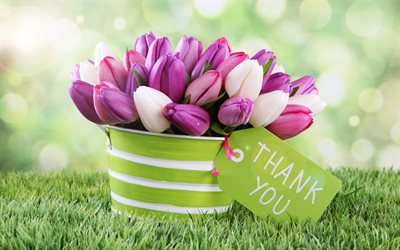 a basket of flowers, purple tulips