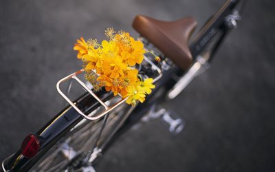 bicicleta, amarillo ramo de flores amarillas