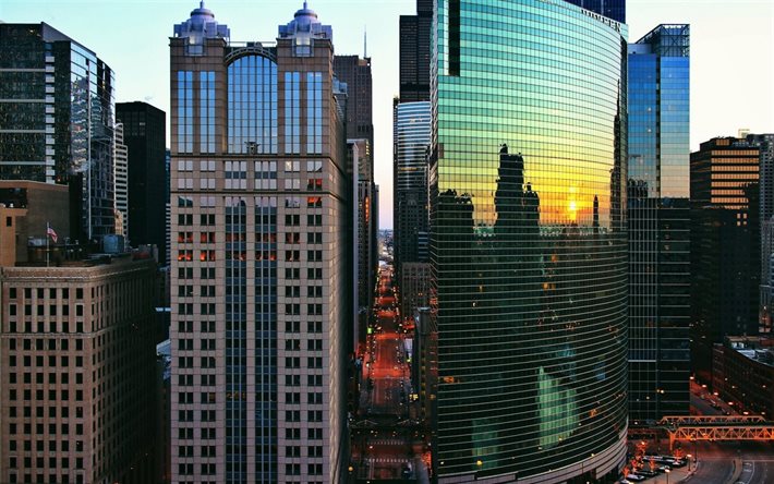 chicago, usa, solnedgång, skyskrapor
