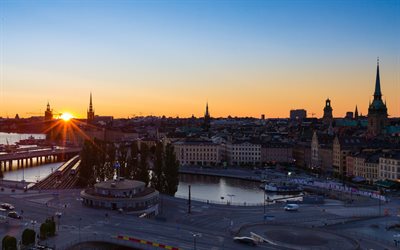 solnedgång, kväll, stockholm, sverige