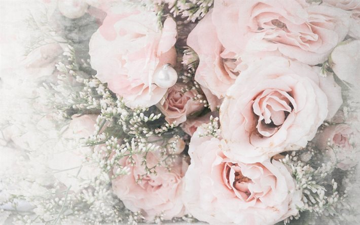 anillo de plata, ramo de flores, fotos, rosas de color rosa, rosa