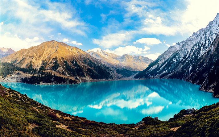 blue lake, mountains, glacial lake, rock