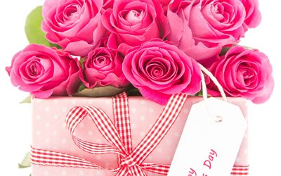 des roses roses, un cadeau, un bouquet de roses