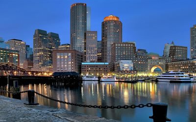 夜, ボストン, 高層ビル群, 米国