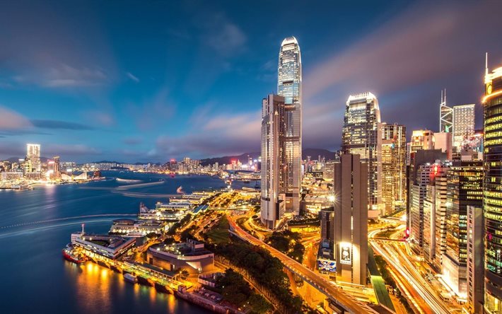 홍콩, 밤, 고층 빌딩