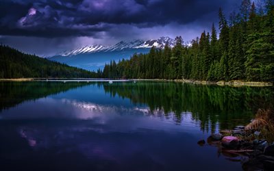 canadá, alberta, o lago, noite, natureza canadá