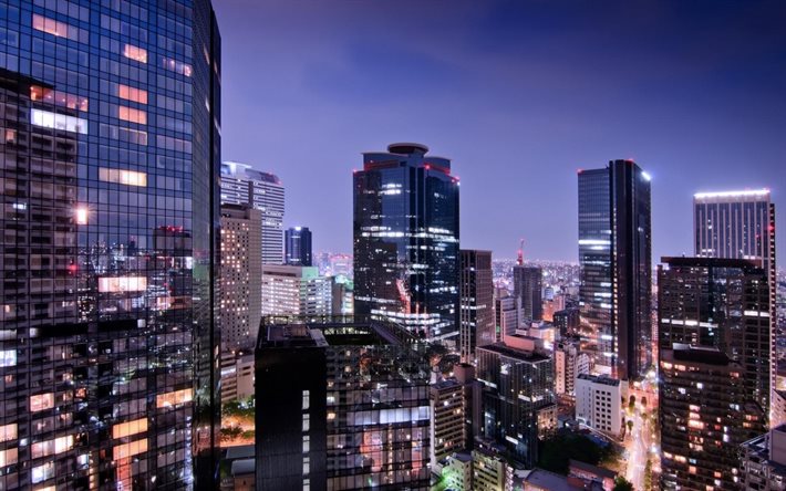 도쿄, 고층 빌딩, 일본, 저녁, 빛의 고층 빌딩