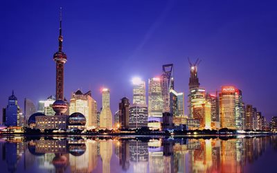 Şanghay, Çin, gökdelenler, shanghai, gece