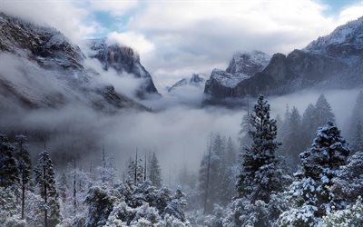 mountains, winter, snow-capped peaks, fog, rock