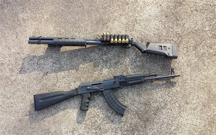 armi, fucile a pompa, una macchina, un remington 870, ak-74
