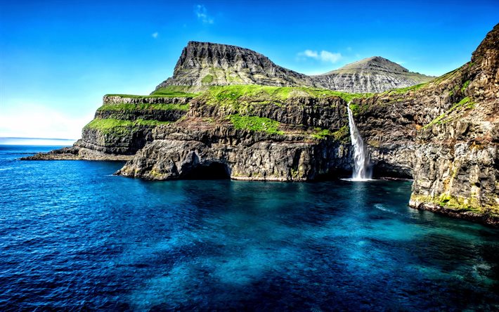 Gasadalur, sea, waterfall, cliffs, Faroe Islands, Denmark