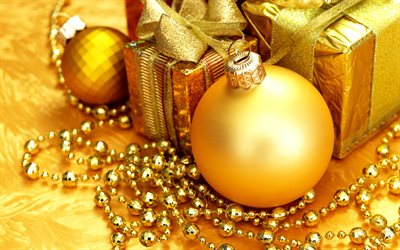 joulu, pallot, lahja, uusi vuosi, kultaiset koristeet