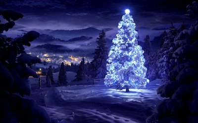 Árboles de navidad, guirnaldas, noche, Navidad, invierno, Año Nuevo