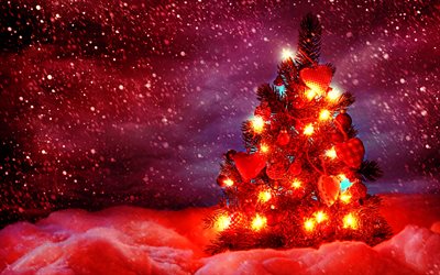 Christmas tree, 4k, snowfall, Christmas lights, snowdrifts, New Years Eve, Merry Christmas, Happy New Year