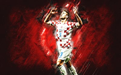 andrej kramaric, équipe de croatie de football, portrait, footballeur croate, effronté, fond de pierre rouge, croatie, football