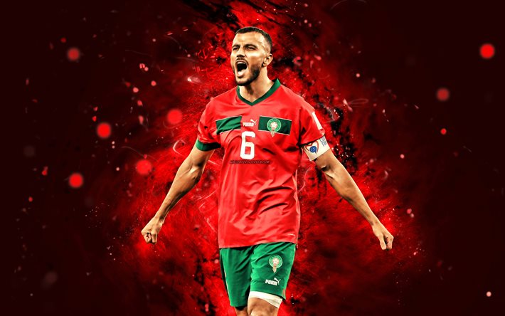 4k, romain saiss, qatar 2022, marokon jalkapallomaajoukkue, punaiset neonvalot, jalkapallo, jalkapalloilijat, punainen abstrakti tausta, romain saiss 4k