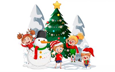 frohes neues jahr, weihnachtsbaum, wald, schneemann mit kindern, weihnachtshintergrund, cartoon schneemann, winter, kinder, schneemann