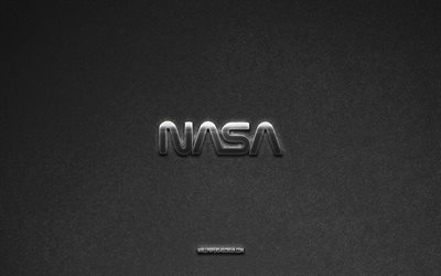 NASA logo, brands, gray stone background, NASA emblem, popular logos, NASA, metal signs, NASA metal logo, stone texture