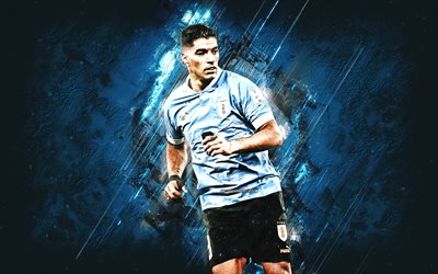 Luis Suarez, Uruguay national football team, South America, Uruguayan professional footballer, portrait, blue stone background, Uruguay, football