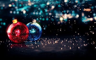 あけましておめでとう, 4k, カラフルなクリスマス ボール, クリスマスの飾り, クリエイティブ, 抽象ニューヨークアート, 黒のクリスマスの背景, メリークリスマス