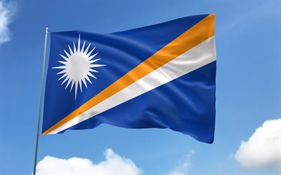 फ्लैगपोल पर मार्शल द्वीप का झंडा, 4k, महासागरीय देश, नीला आकाश, मार्शल द्वीप समूह का ध्वज, लहरदार साटन झंडे, नाउरू राष्ट्रीय प्रतीक, झंडे के साथ झंडा, मार्शल द्वीप दिवस, ओशिनिया, मार्शल द्वीपसमूह