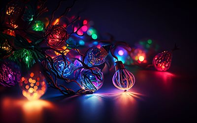 4K, christmas lanterns, xmas decorations, New Years Eve, snowfall, Christmas, New years night, flashlight, Merry Christmas, Happy New Year