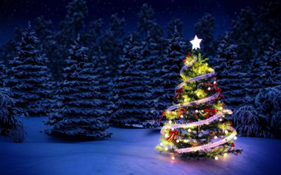4k, árbol de navidad, bosque, ventisqueros, linternas de navidad, decoraciones de navidad, vispera de año nuevo, nevada, navidad, invierno, noche de año nuevo, linterna, feliz navidad, feliz año nuevo