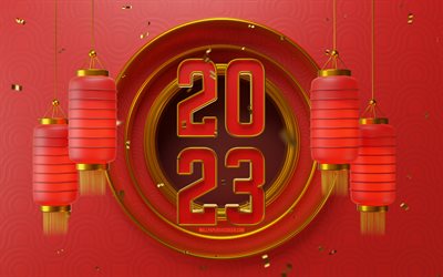 4k, Chinese New Year 2023, vertical inscription, red 3D digits, Year of the Rabbit 2023, Year of the Rabbit, 2023 red digits, circles, 2023 concepts, 2023 Happy New Year, Water Rabbit, Happy New Year 2023, creative, 2023 red background, 2023 year