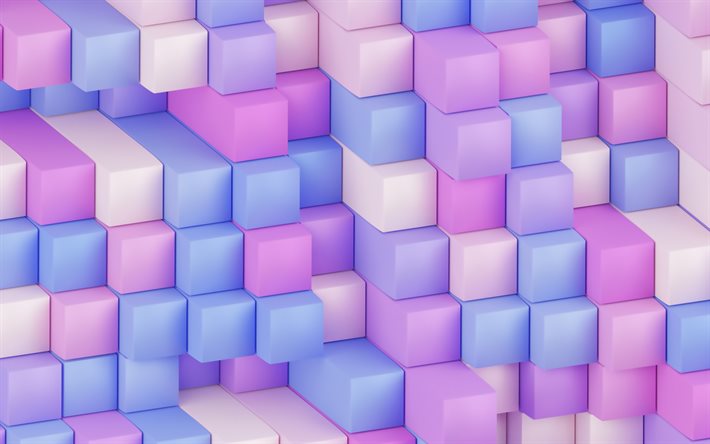 cubi 3d viola, 4k, trame 3d, creativo, sfondo con cubi, trame di cubi, modelli di cubi, cubi 3d