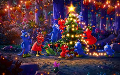 4K, Christmas tree, cartoon characters, forest, christmas lanterns, xmas decorations, New Years Eve, snowfall, Christmas, winter, New years night, flashlight, Merry Christmas, Happy New Year