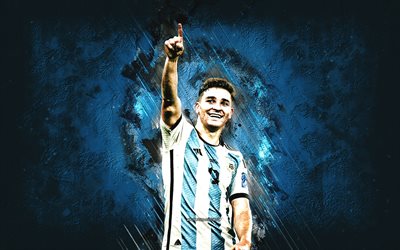 julian alvarez, argentinas fotbollslandslag, argentinsk fotbollsspelare, fram, qatar 2022, fotboll, grungekonst, blå sten bakgrund, argentina