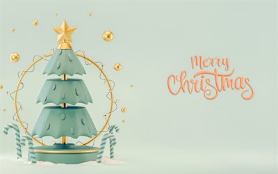 buon natale, buon anno, albero di plastica di natale 3d, sfondo con albero di natale, priorità bassa di natale 3d, arte creativa, cartolina d'auguri di natale