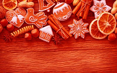fond de noël orange, 4k, cadres de noël, biscuits de noël, arrière plans en bois orange, décorations de noël, noël, joyeux noël, bonne année
